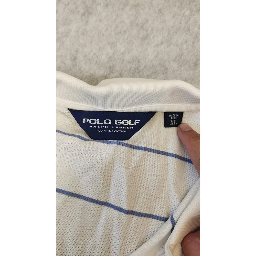 Polo Golf Ralph‎ Lauren Shirt Mens XL White Blue Striped K Club Crest Cotton